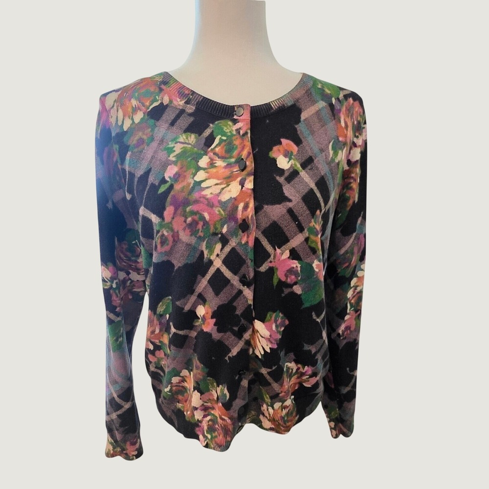 Talbots Petites Floral Plaid Cotton Cardigan Sweater Vintage Twee Black Rose MP